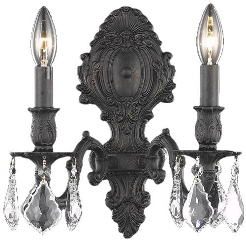Elegant Lighting Rococo Wall Sconce 2-Light Clear Crystal Dark Bronze: Elegant Lighting Rococo Wall Sconce 2-Light Clear Crystal Dark Bronze Illuminate your space with the elegant design of the Regal Scrolls and Crystal Bronze Wall Sconce. This stunning wall-mounted ligh