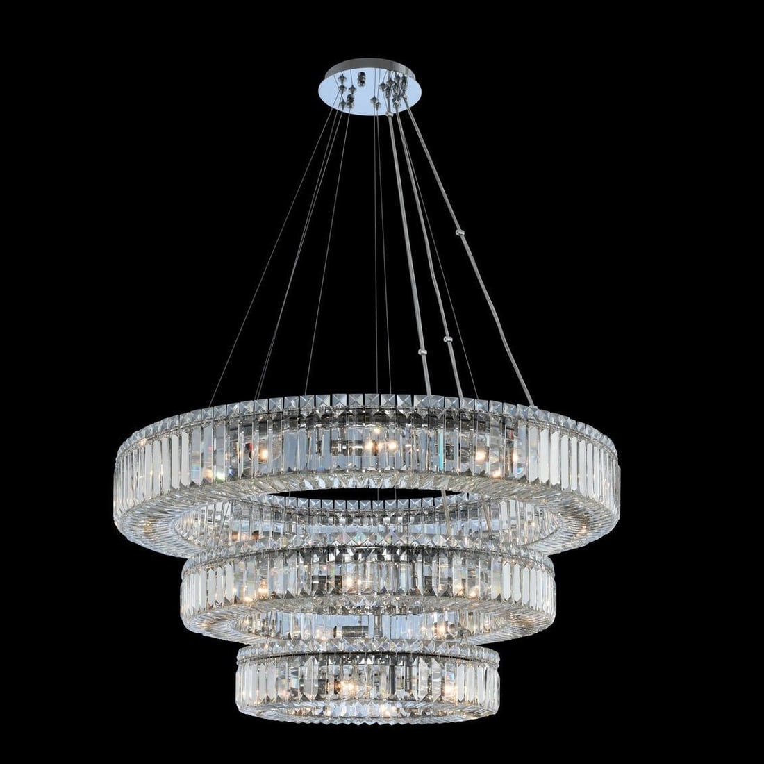 Kalco 3-Tier Round Crystal Chrome Pendant Light Dimmable 27 Bulbs: Kalco 3-Tier Round Crystal Chrome Pendant Light Dimmable 27 Bulbs Illuminate your space with the Sleek Round Crystal Chrome Pendant Light, a stunning addition to contemporary decor. This impressive th