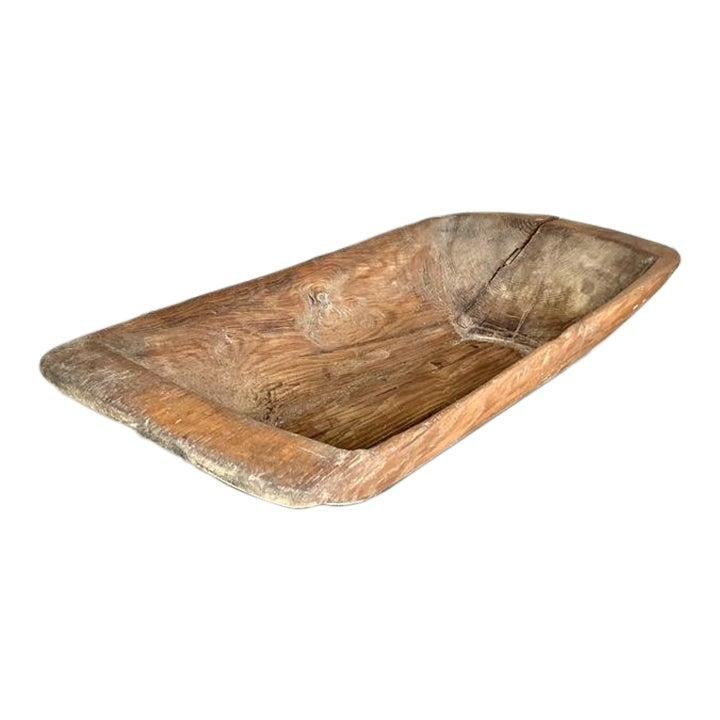 Vintage Boho Hand-Carved Wooden Dough Bowl 34.5x16 Rustic Charm (1 of 10)