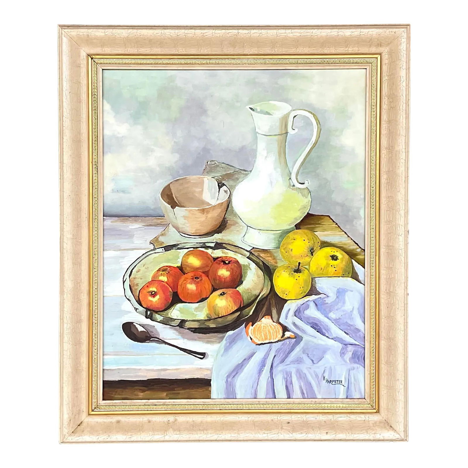 Signed Vintage Boho Still Life Oil Painting with Fruit and China (1 of 6)