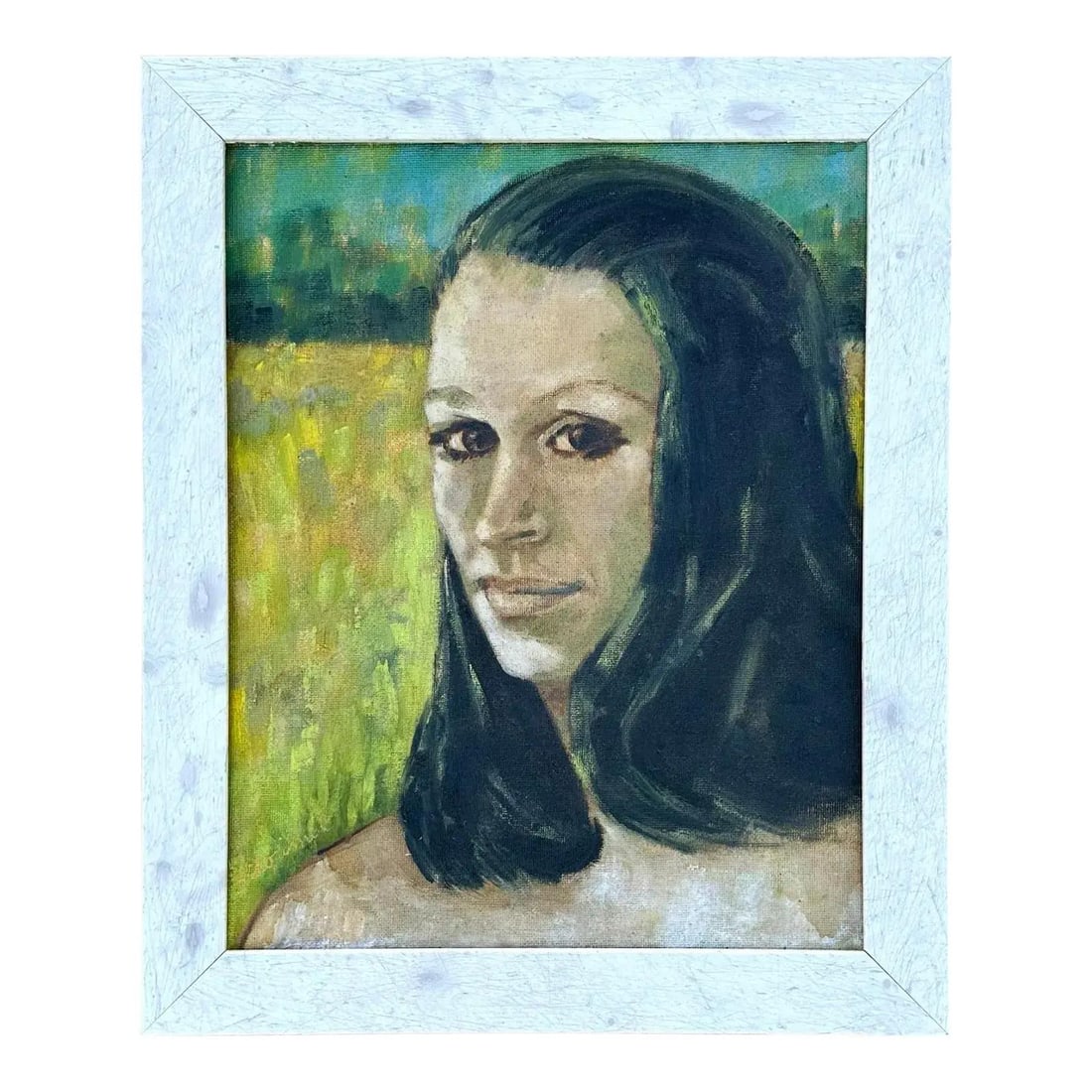 Original Mid Century Abstract Painting of Woman Among Fields on Canvas: Original Mid Century Abstract Painting of Woman Among Fields on Canvas This vintage abstract portrait features a woman standing in a field, rendered in muted earth tones and bold brushstrokes. The art