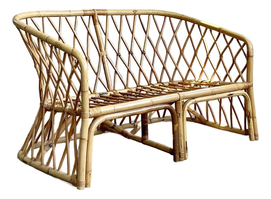 Vintage Coastal Trellis Rattan Loveseat Bohemian Mid-Century Style (1 of 6)