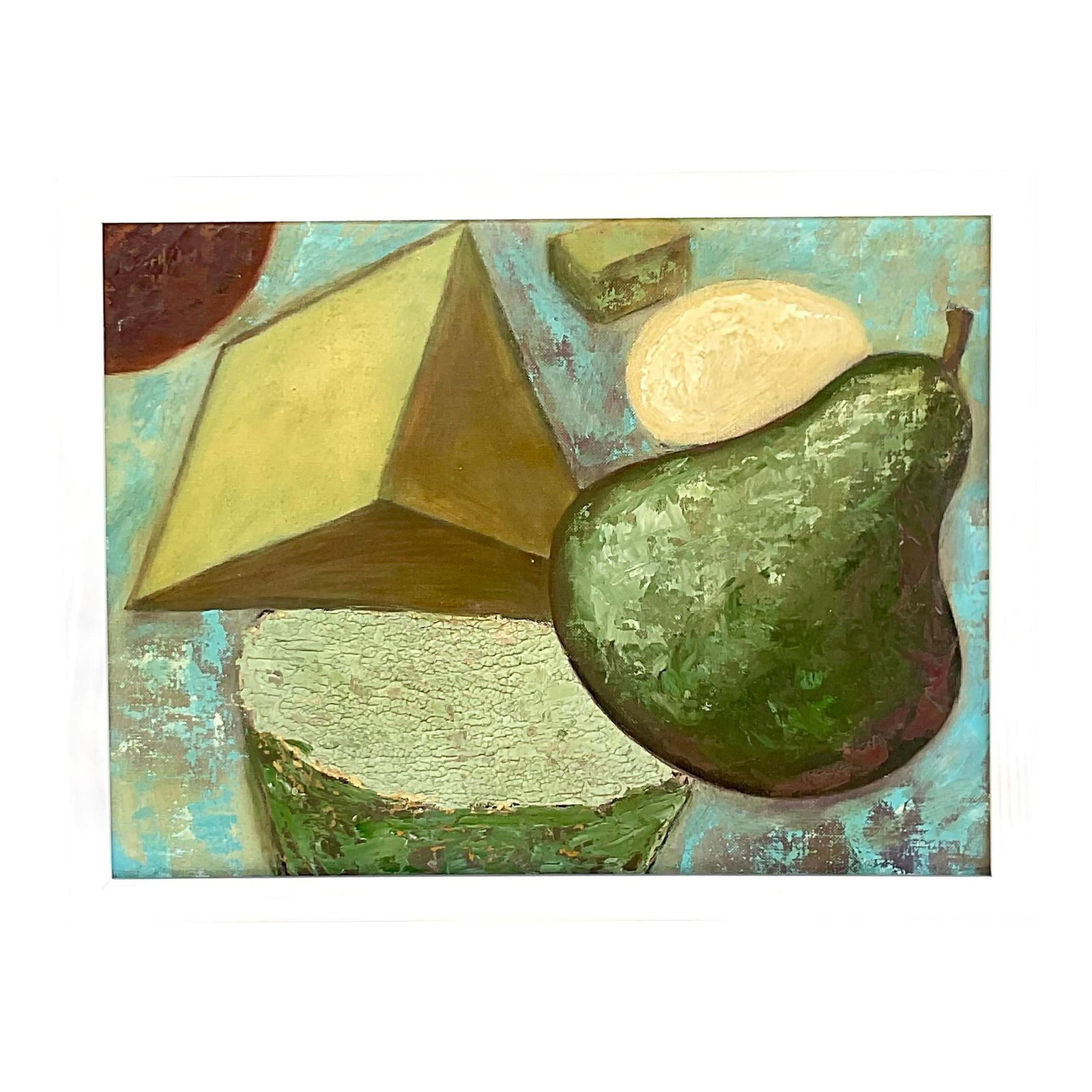 Vintage Boho Abstract Oil Painting in Sky Blue 17.25x13.25: Vintage Boho Abstract Oil Painting in Sky Blue 17.25x13.25 This stunning vintage original oil painting features an abstract composition that beautifully merges pale greens and blues, evoking a serene