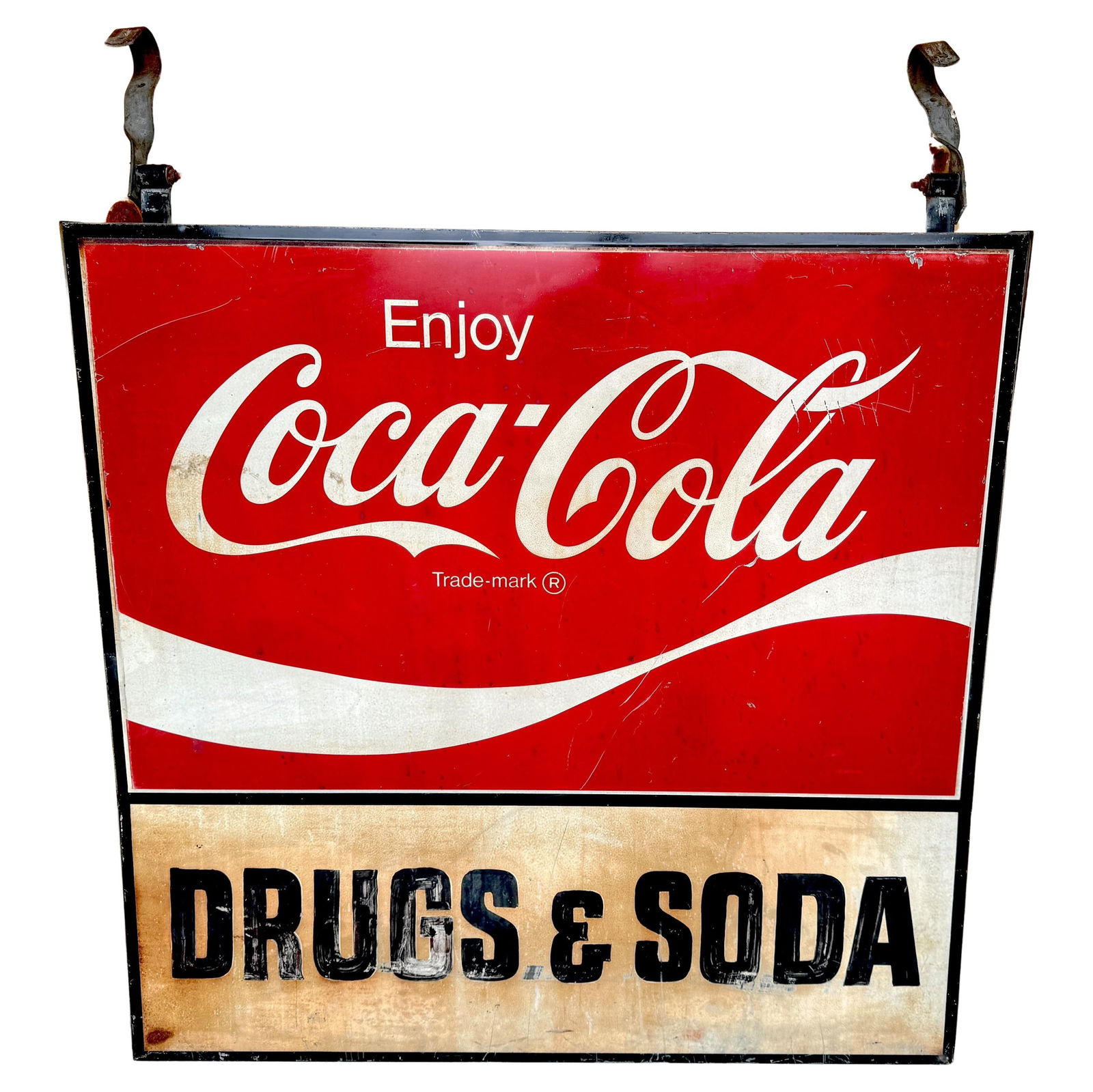 1960s Coca-Cola Dual-Sided Trade Sign 'Drugs & Soda' Vintage Americana (1 of 13)