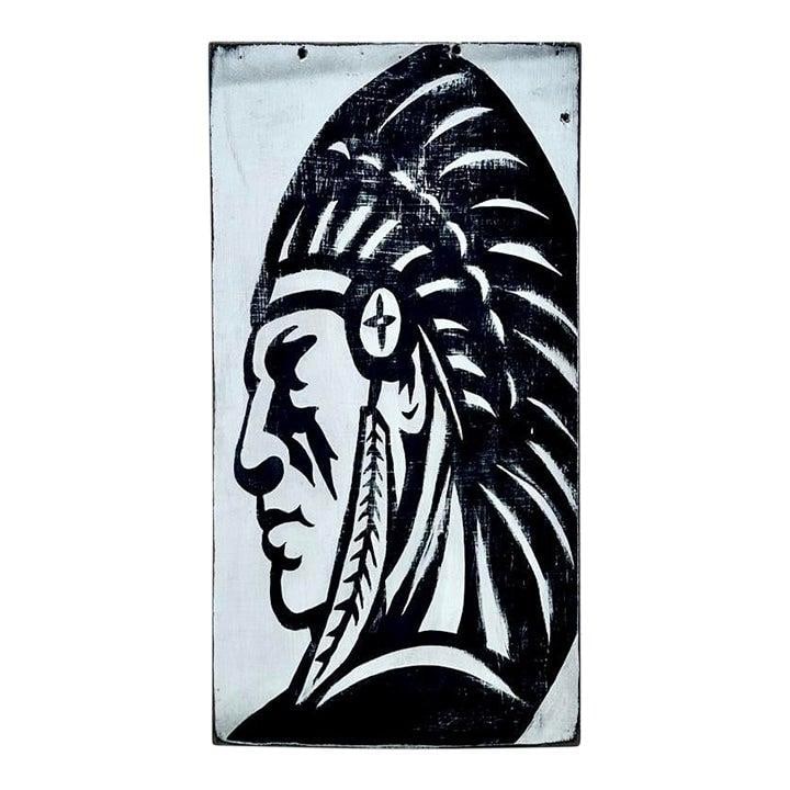 Monochrome Oil Portrait of Native American Chief on Wooden Panel (1 of 2)