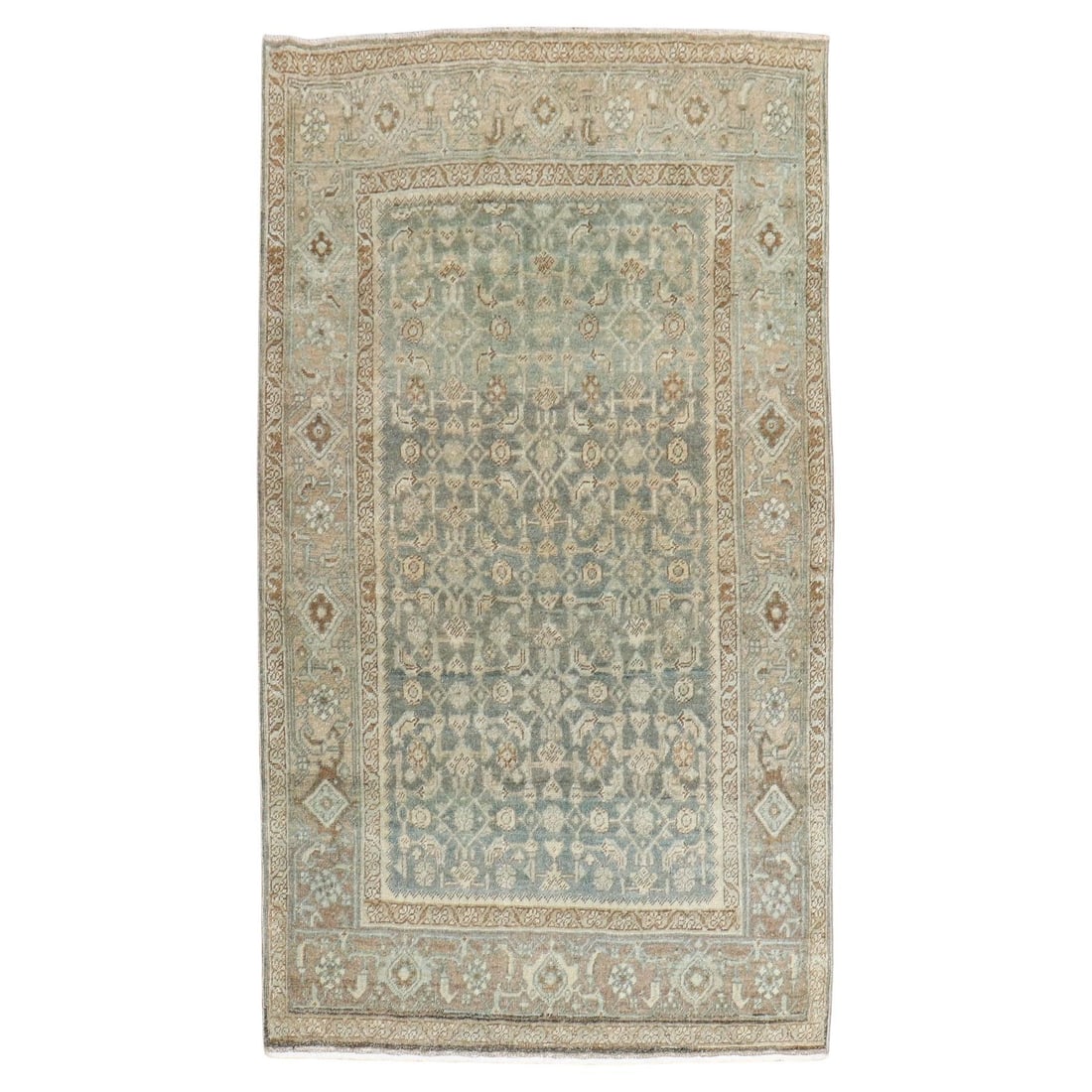 Antique Persian Malayer Rug Hand-Knotted Wool 3'9 x 6'3: Antique Persian Malayer Rug Hand-Knotted Wool 3'9 x 6'3 Add a touch of elegance to your space with this exquisite Soft Green Antique Malayer Rug. This early 20th century Persian rug features a beautif