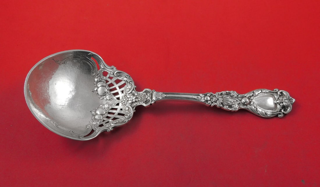 Gorham Sterling Silver Number 388 Pea Spoon 9 Martele Style: Gorham Sterling Silver Number 388 Pea Spoon 9 Martele Style This exquisite pea spoon, crafted by Gorham, features a striking Martele style with intricate fruit designs adorning the bowl and a unique h