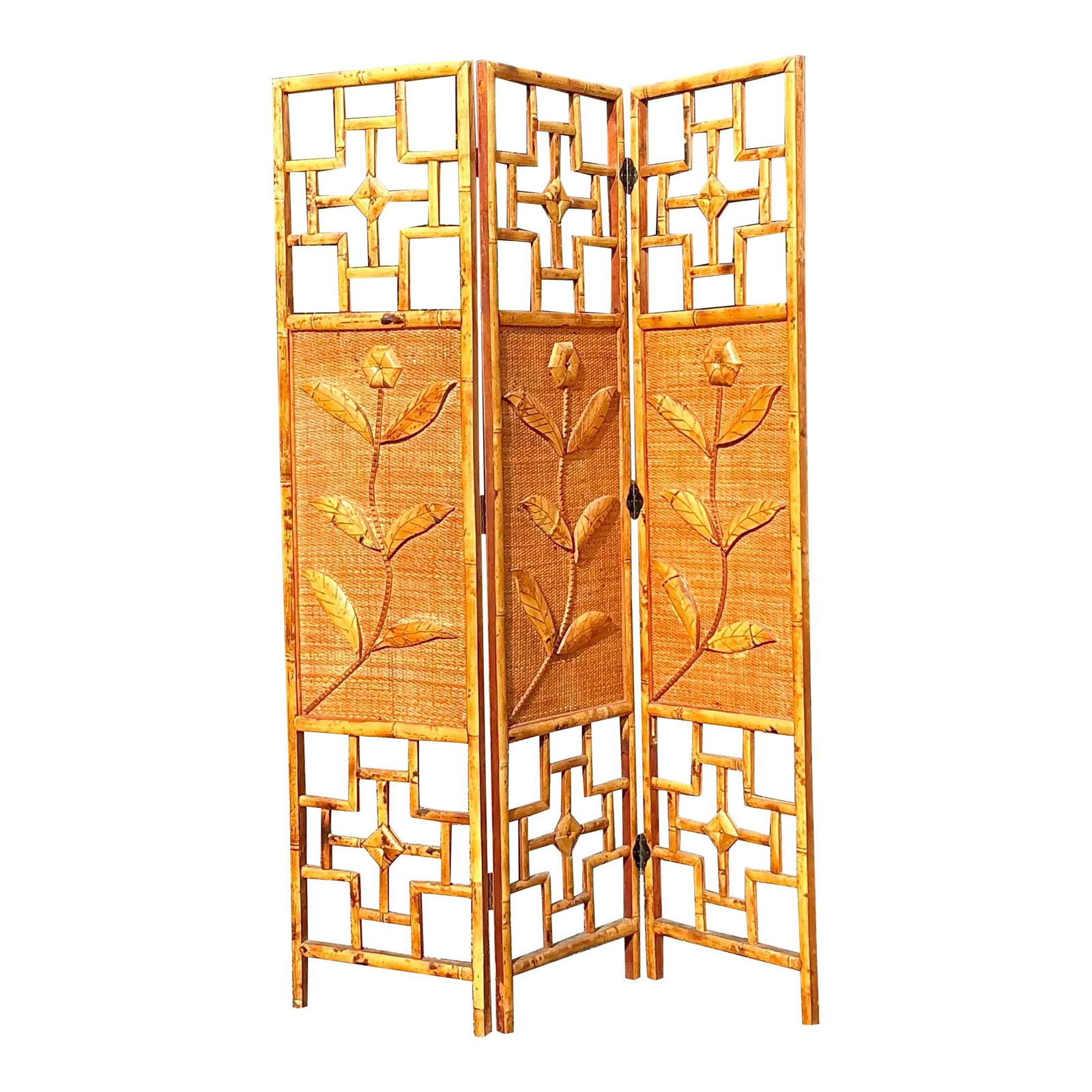 Vintage Coastal Rattan Flower Screen Room Divider 51x70 Chocolate: Vintage Coastal Rattan Flower Screen Room Divider 51x70 Chocolate Transform your living space with this Vintage Coastal Woven Rattan Flowers Screen. Handcrafted with meticulous attention to detail, th