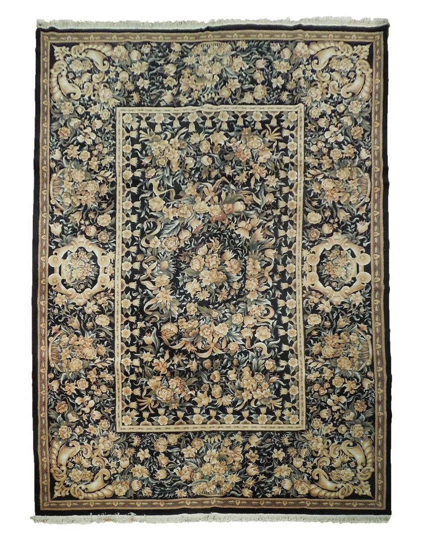 Black Hand-Knotted Fine Wool Aubusson Area Rug 9.9 x 13.7 ft (1 of 6)