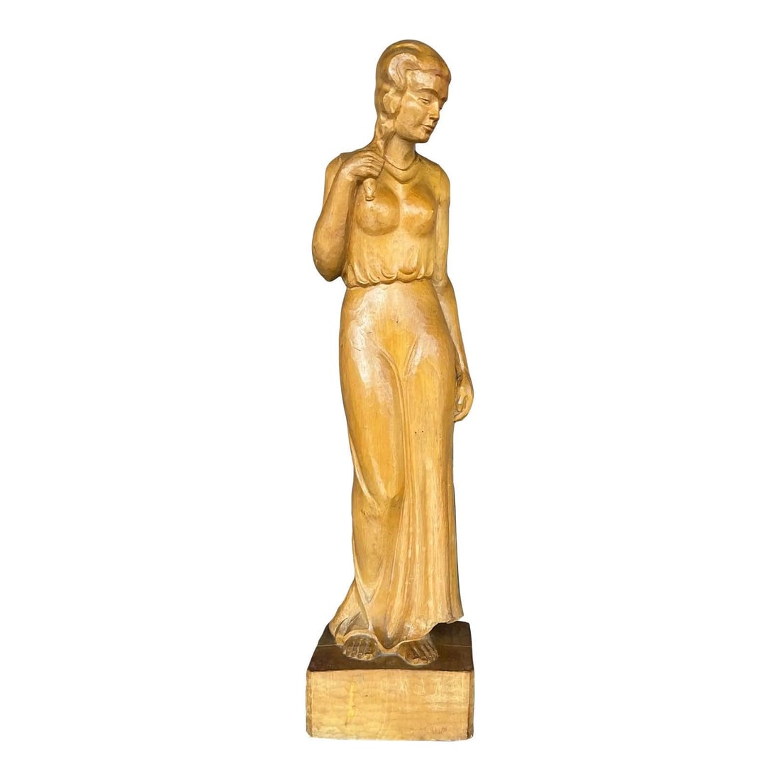 Hand-Carved Wooden Woman Figure Bohemian Vintage Decor Sculpture: Hand-Carved Wooden Woman Figure Bohemian Vintage Decor Sculpture This vintage boho sculpture features a finely hand-carved depiction of a woman, capturing intricate facial features, a flowing dress, a
