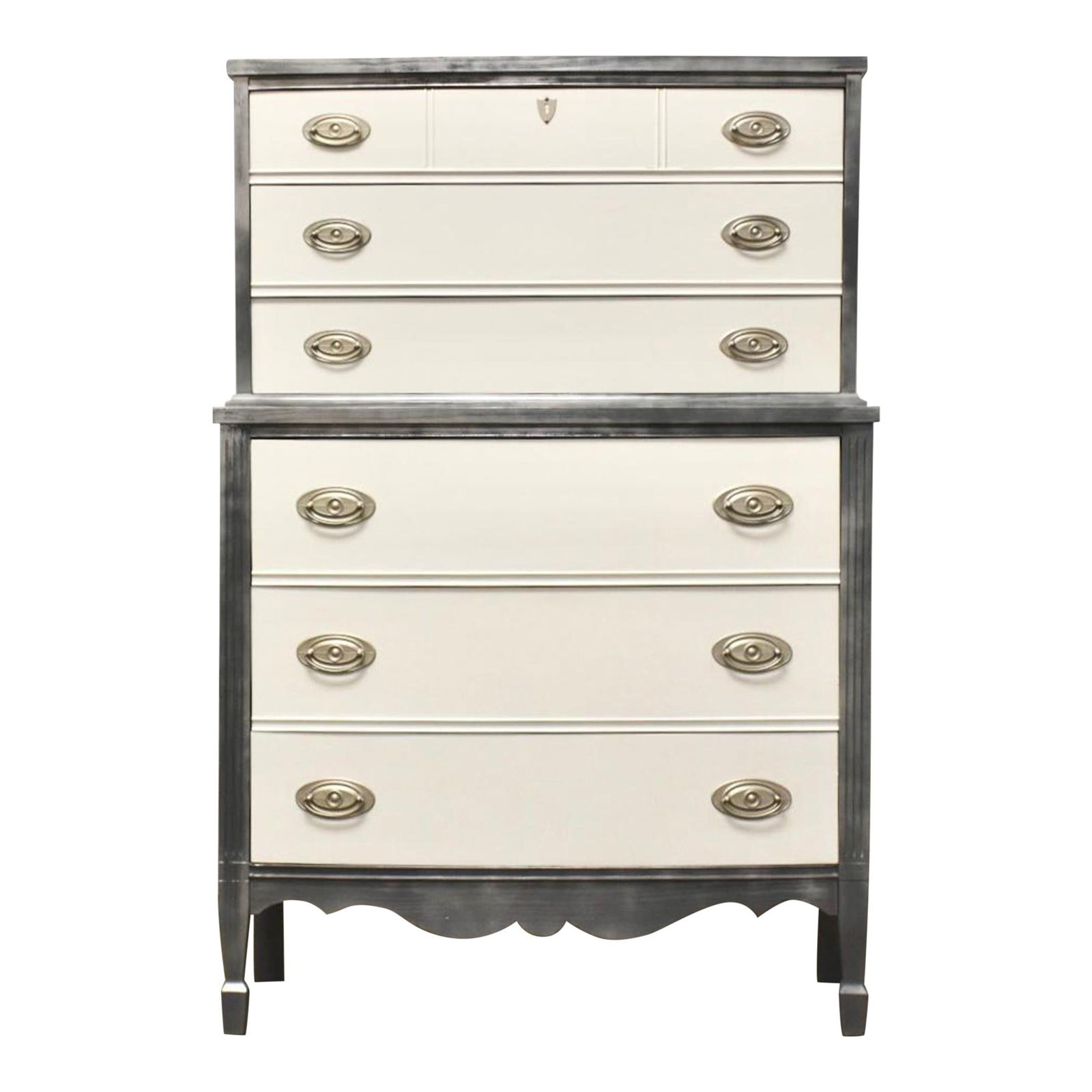 Vintage Grey and White Tall Dresser 53 Inches Metal Finish: Vintage Grey and White Tall Dresser 53 Inches Metal Finish This vintage tall dresser features a charming combination of painted white and metallic grey finishes, perfect for adding a touch of elegance