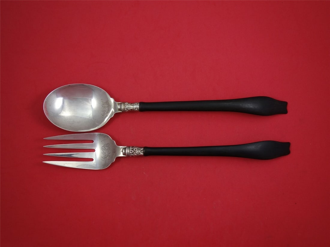 Whiting Sterling Silver Salad Serving Set 2pc with Ebony Accents: Whiting Sterling Silver Salad Serving Set 2pc with Ebony Accents Enhance your dining experience with this exquisite 2-piece salad serving set crafted by Whiting Manufacturing Company. This set include