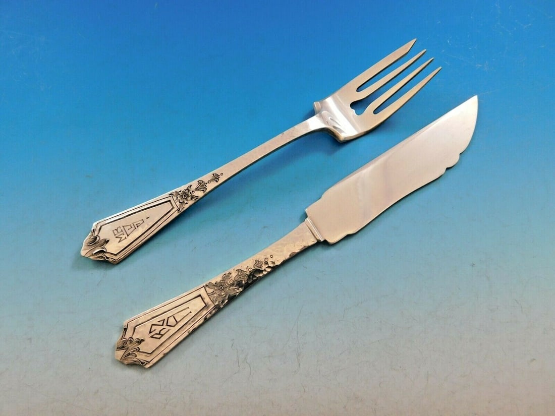 Gorham Pattern A Sterling Silver Fish Set 24 Pieces Hammered Finish (1 of 7)