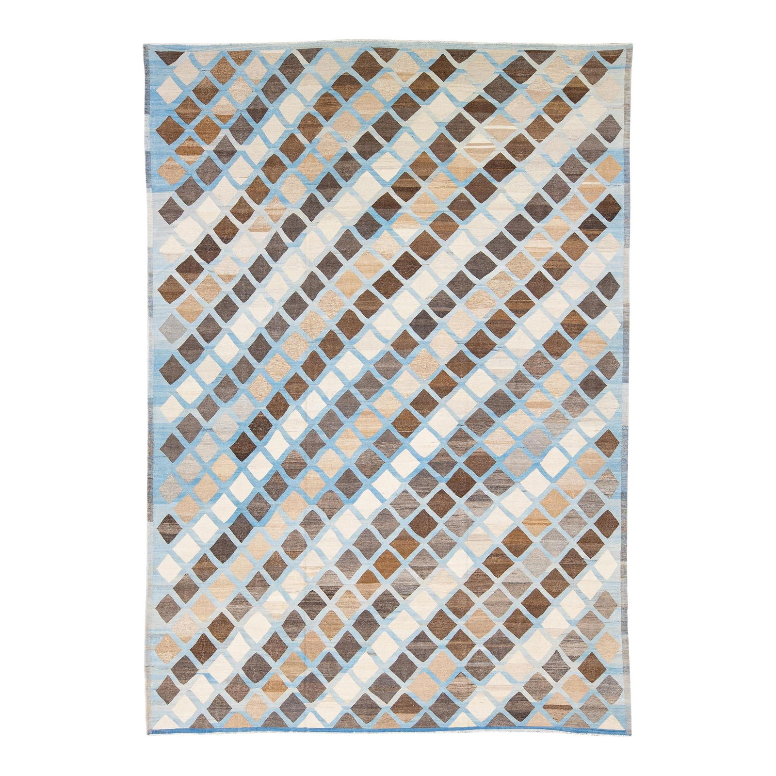 Oversized Modern Kilim Wool Rug Blue Brown Geometric Design 12'5 x 17'7 (1 of 10)