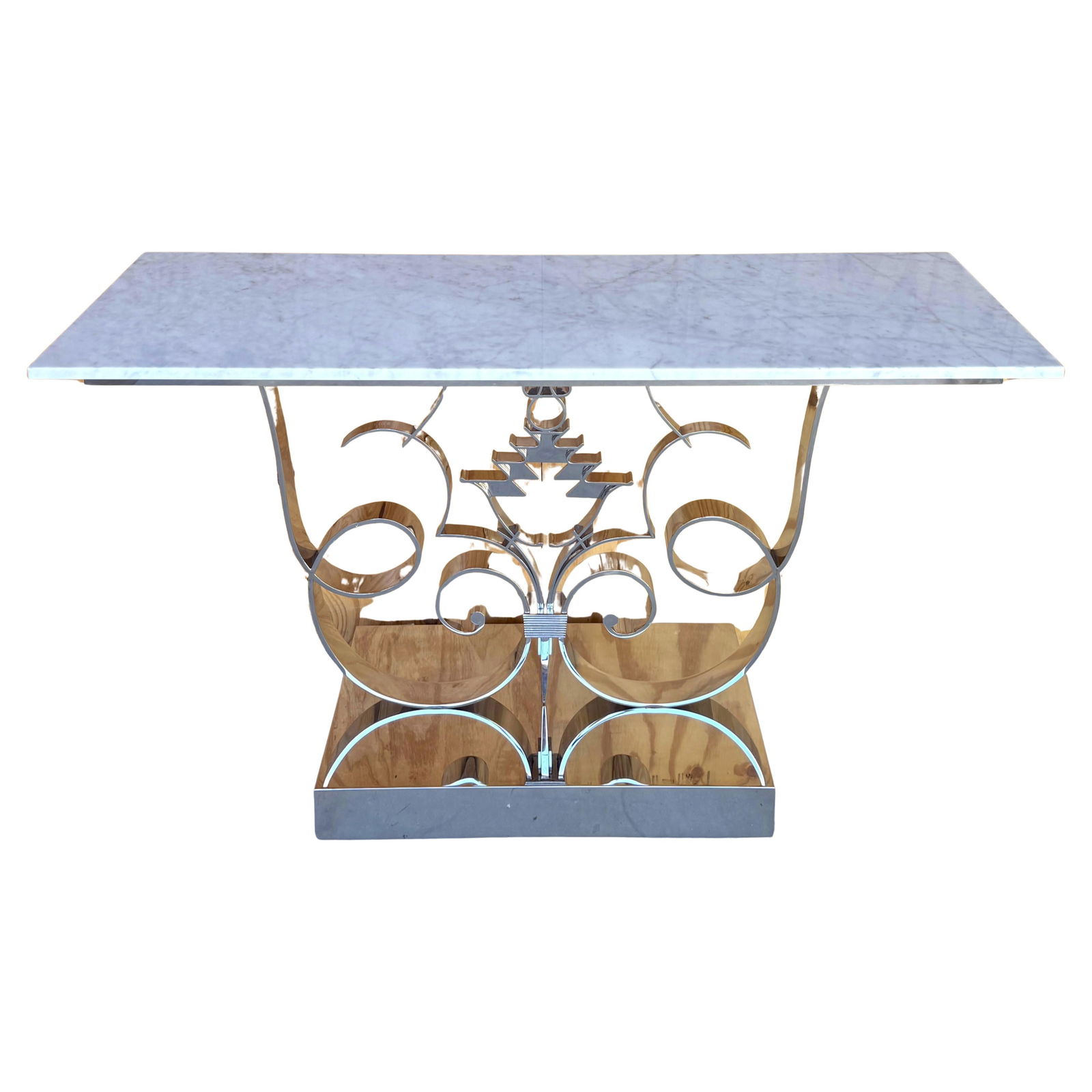 Art Deco Polished Chrome Carrera Marble Console Manner Raymond Subes France: Art Deco Polished Chrome Carrera Marble Console Manner Raymond Subes France This striking Art Deco-style console showcases a beautifully polished chrome base paired with a luxurious Carrera marble top