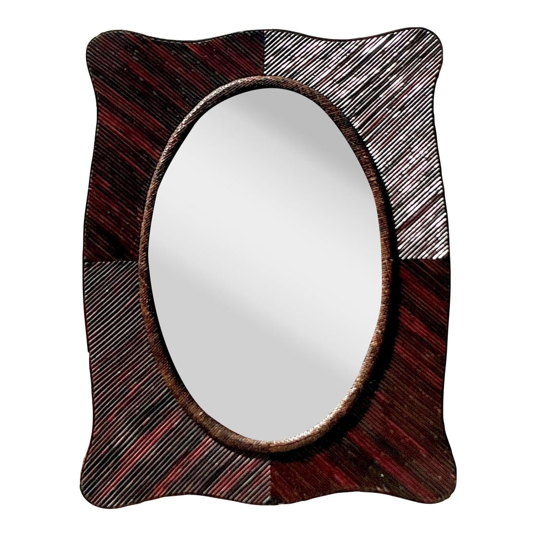 Vintage Coastal Pencil Reed Mirror in Mahogany Rattan 34.25 x 44: Vintage Coastal Pencil Reed Mirror in Mahogany Rattan 34.25 x 44 This vintage coastal pencil reed mirror beautifully embodies coastal charm with its bold, sculptural frame and textured detailing. The