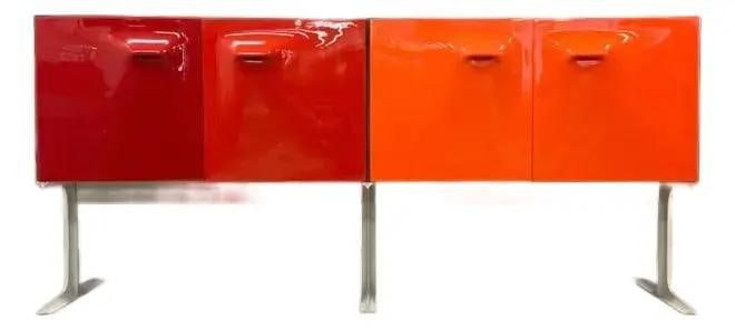 Raymond Loewy DF 2000 Mid-Century Modern Credenza Wood Orange Red Doors: Raymond Loewy DF 2000 Mid-Century Modern Credenza Wood Orange Red Doors This stunning mid-century modern DF 2000 sideboard credenza, designed by Raymond Loewy, features a sleek white case complemented