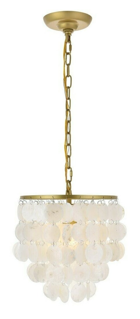 Living District Selene Brass Pendant Chandelier with Off White Shell Shade: Living District Selene Brass Pendant Chandelier with Off White Shell Shade Illuminate your space with this elegant Selene 1-Light Pendant Chandelier, featuring a stunning off-white faux shell shade th