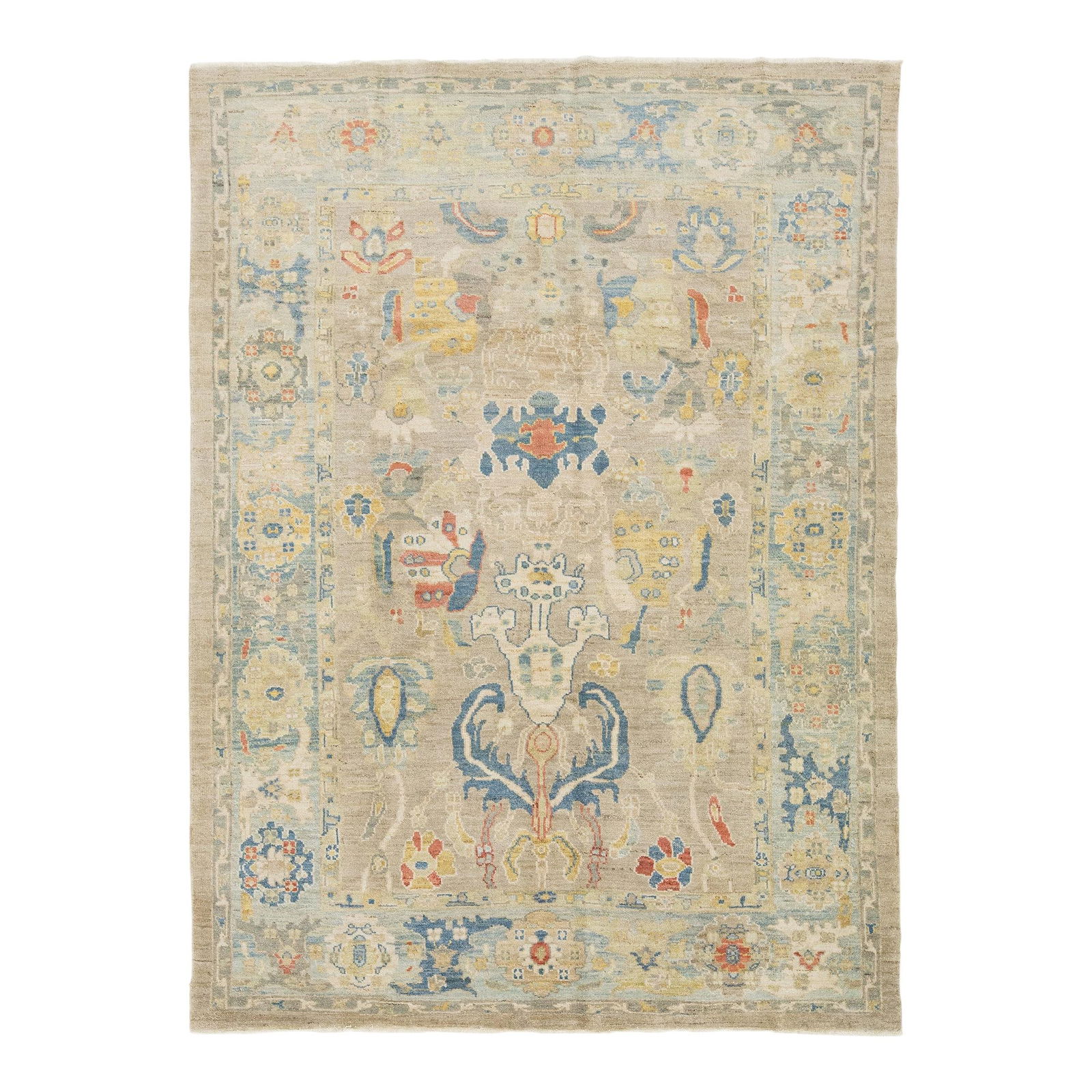 Modern Beige Wool Rug 6'10 x 9'5 Allover Design: Modern Beige Wool Rug 6'10 x 9'5 Allover Design Enhance your space with this exquisite hand-knotted wool rug featuring a soothing beige background. The design is beautifully framed in blue, complement