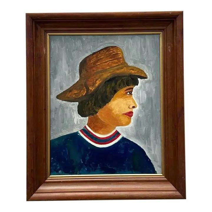 Bohemian Primitive Woman Portrait Oil on Canvas in Rustic Wood Frame: Bohemian Primitive Woman Portrait Oil on Canvas in Rustic Wood Frame This vintage oil painting on canvas showcases a boho primitive portrait of a woman. Featuring earthy tones, the subject wears a tex