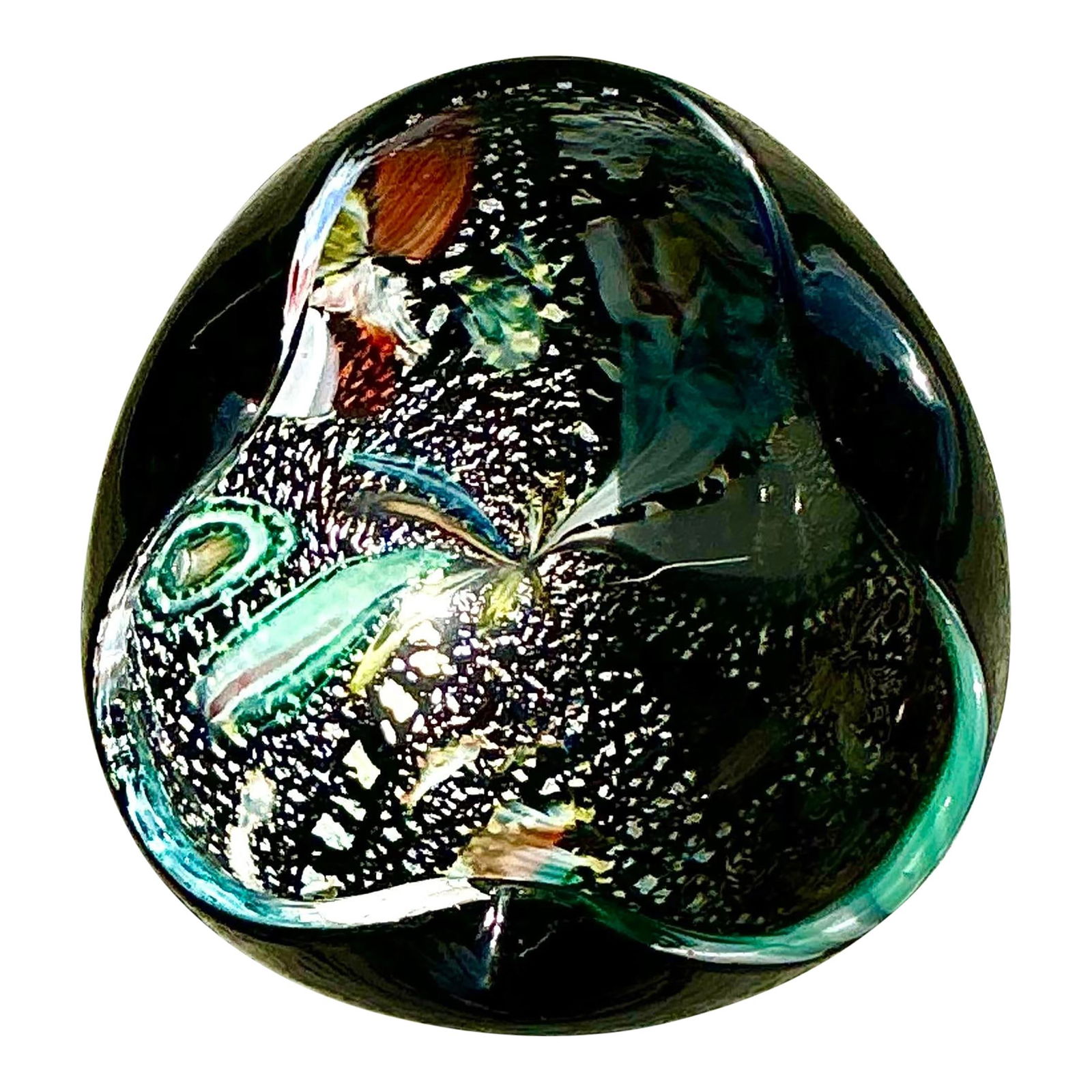 Vintage Murano-Inspired Italian Art Glass Bowl 5" W 5" D 2.75" H: Vintage Murano-Inspired Italian Art Glass Bowl 5" W 5" D 2.75" H This exquisite vintage Italian art glass bowl is inspired by Murano craftsmanship, showcasing a mesmerizing fusion of colors and textur