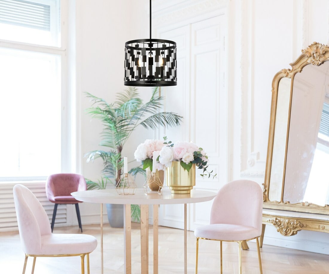 Levante Black Mid-Century Modern Pendant Chandelier 3-Light: Levante Black Mid-Century Modern Pendant Chandelier 3-Light Illuminate your space with this stylish Black Mid-Century Modern Pendant Chandelier from the Levante collection. Designed to enhance any roo