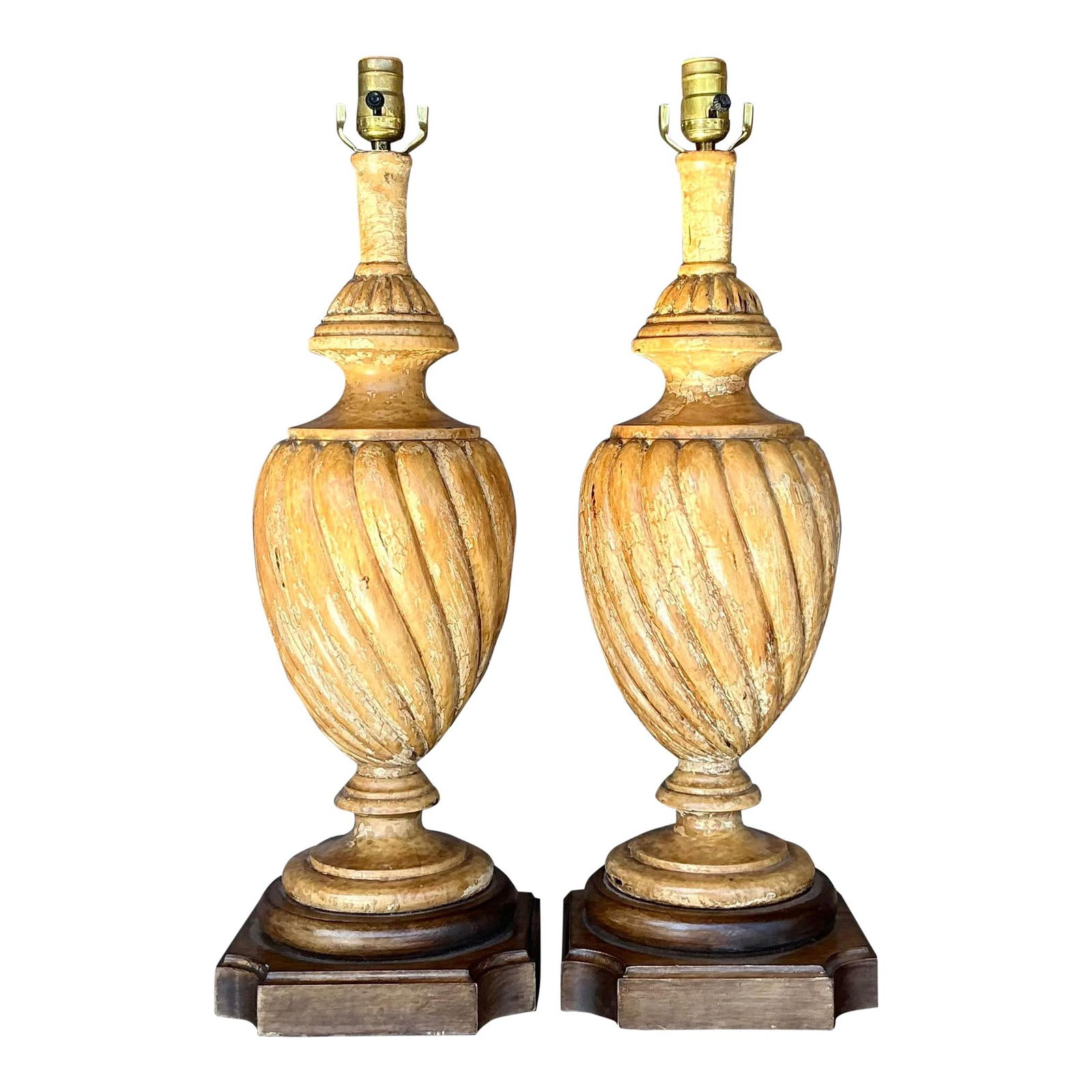 Pair of Vintage Boho Patinated Carved Wood Lamps 25.75 Tall (1 of 10)