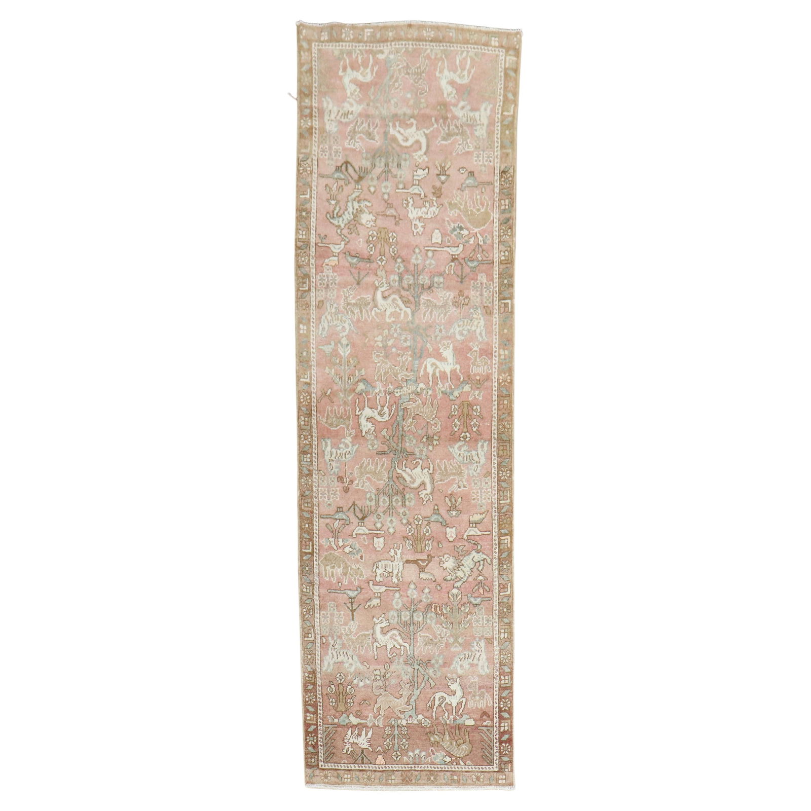Vintage Hand-Woven Persian Wool Runner with Animal Motif: Vintage Hand-Woven Persian Wool Runner with Animal Motif Enhance your hallway with this exquisite mid-20th-century Persian runner that showcases a charming folk art design on a soft pink background. T