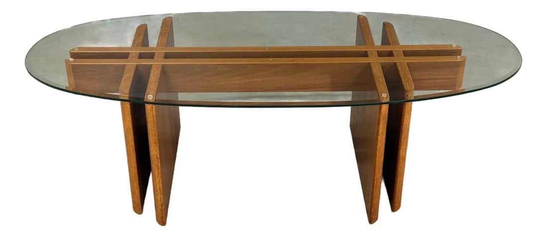 Mid Century Modern Teak and Glass Coffee Table by Gustav Gaarde: Mid Century Modern Teak and Glass Coffee Table by Gustav Gaarde This exquisite mid-century modern coffee table, designed by Gustav Gaarde for Trekanten, showcases a unique fish bone teak base supporti