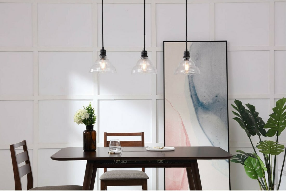Clive 3-Light Black Pendant Chandelier with Clear Bubble Glass Shades 34.5in: Clive 3-Light Black Pendant Chandelier with Clear Bubble Glass Shades 34.5in Illuminate your space with this stunning 3-light pendant chandelier featuring a modern design and a chic black finish. The