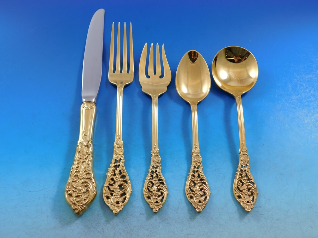 Reed & Barton Florentine Lace Gold Sterling Silver Flatware Set 61 pcs with Storage Chest (1 of 5)