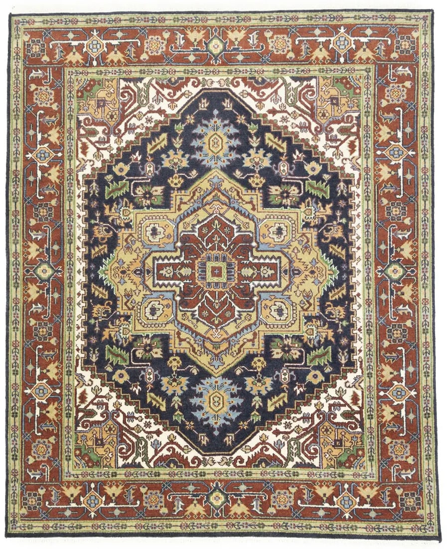 Heriz Serapi Floral Wool Rug 8x10 ft Hand-Knotted Dark Purple Navy (1 of 18)