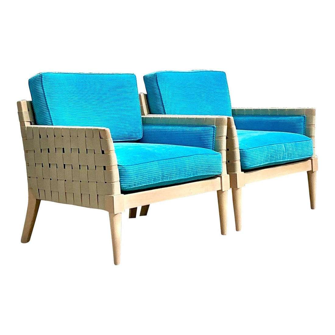 Vintage Niedermaier Woven Strap Lounge Chairs Pair Boho Turquoise: Vintage Niedermaier Woven Strap Lounge Chairs Pair Boho Turquoise Enhance your interior with this exquisite pair of vintage Niedermaier woven strap lounge chairs. Infused with bohemian charm, these ch