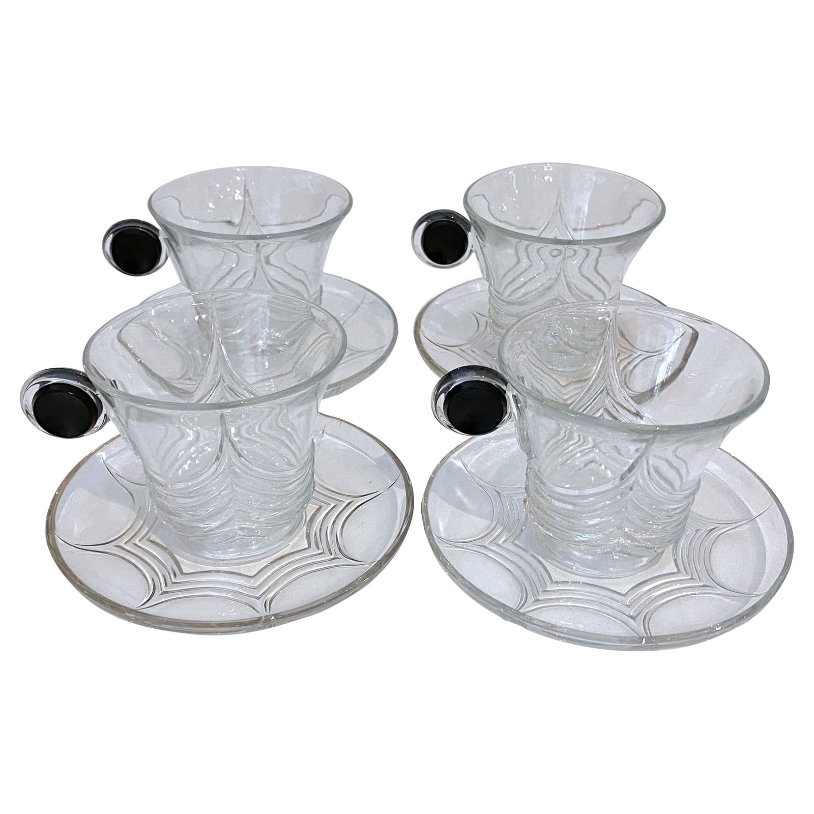 Set of 4 Art Deco Heisey Glass Stanhope Cups and Saucers by Walter Von Hessen: Set of 4 Art Deco Heisey Glass Stanhope Cups and Saucers by Walter Von Hessen This exquisite set of four Art Deco Heisey Glass 'Stanhope' cups and saucers, designed by Walter Von Hessen, showcases the