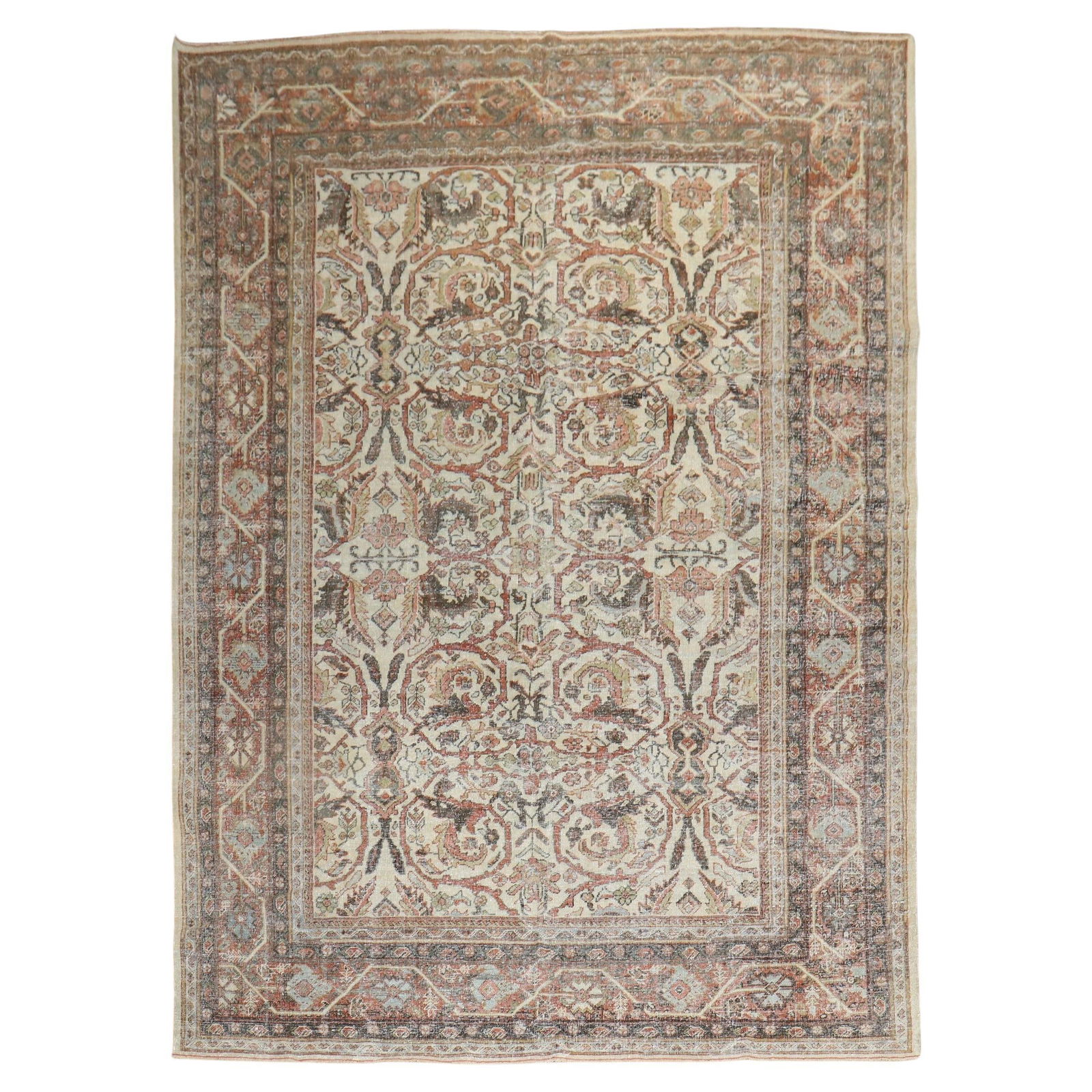 Unique Worn Antique Persian Mahal Rug Wool Hand-Knotted Ivory 7' x 10'2" (1 of 11)
