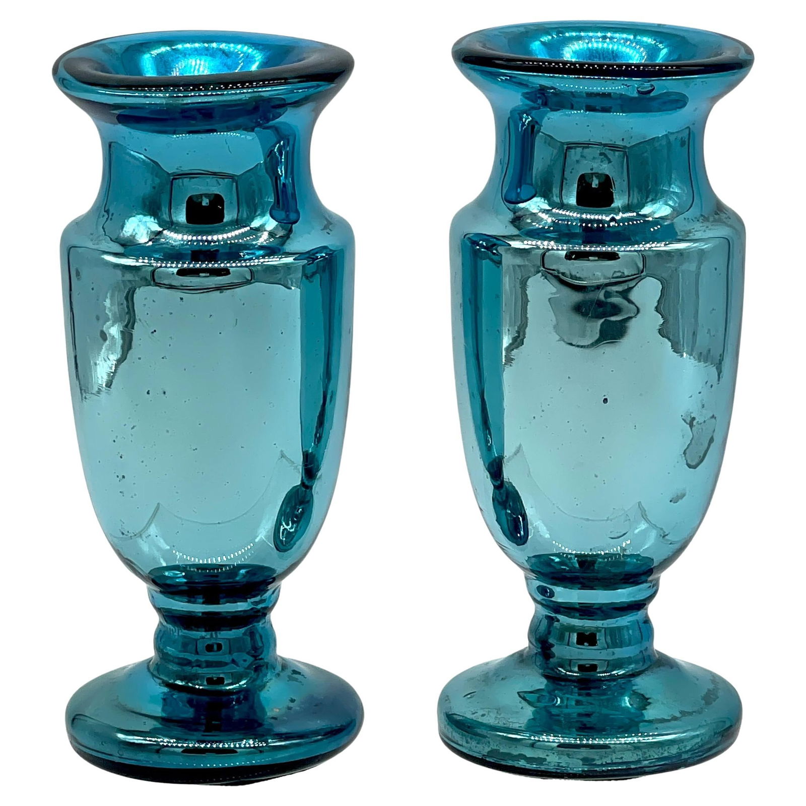 Set of 2 Ocean Blue Mercury Glass Vases France Early 1900s (1 of 7)