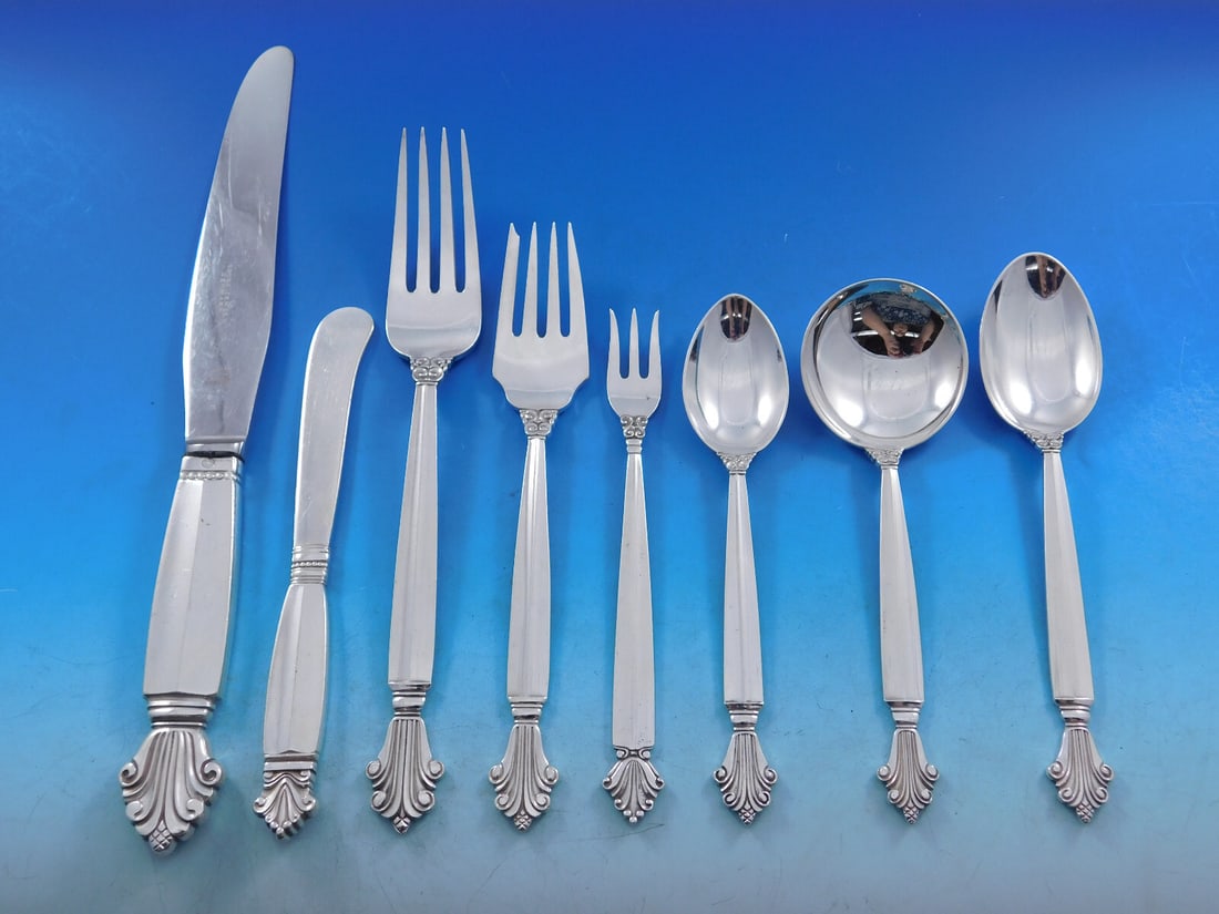 Georg Jensen Acanthus Sterling Silver Flatware Set 100 pcs for 12 (1 of 10)