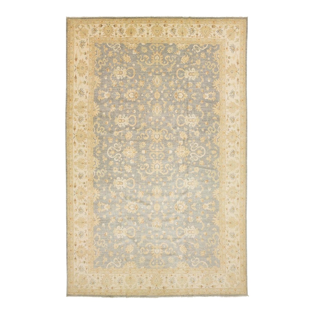 Oversized Floral Oushak Wool Rug 12'10 x 19'10 Gray Handmade: Oversized Floral Oushak Wool Rug 12'10 x 19'10 Gray Handmade Discover the elegance of this oversized modern Oushak-style wool rug, meticulously handmade to showcase traditional craftsmanship. The ligh