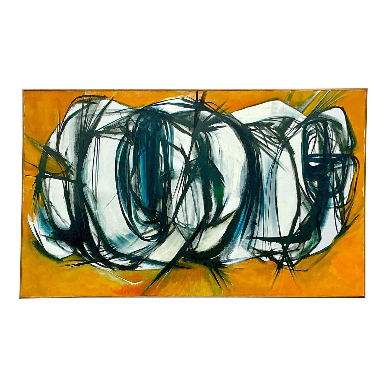 Vintage Abstract Oil Painting on Canvas 60.5x37 Yellow Boho Style: Vintage Abstract Oil Painting on Canvas 60.5x37 Yellow Boho Style Make a bold statement with this captivating vintage abstract oil painting on canvas. Featuring dynamic black brushstrokes over a vibra