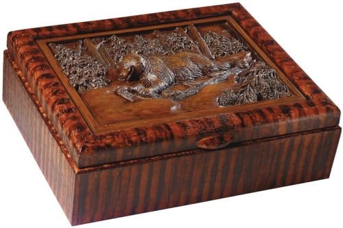 Charming Lodge Style Sledding Bear Hinged Box in Green Resin: Charming Lodge Style Sledding Bear Hinged Box in Green Resin This charming hinged lid box features a whimsical sledding bear design, perfect for adding a playful touch to your home decor. Hand-cast an