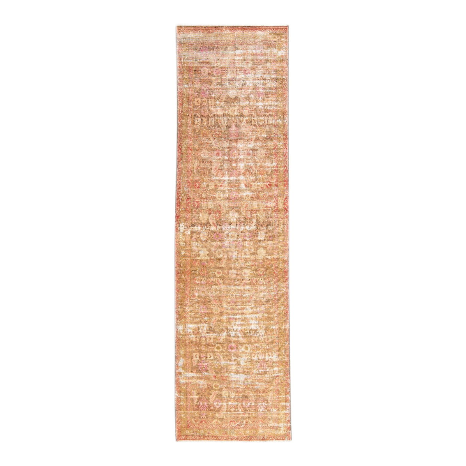 Vintage Floral Peach Wool Runner 3'5" x 12'2" Handmade: Vintage Floral Peach Wool Runner 3'5" x 12'2" Handmade Enhance your space with this beautiful Vintage Distressed Handmade Floral Wool Runner. Featuring a lovely peach field adorned with pink accents,