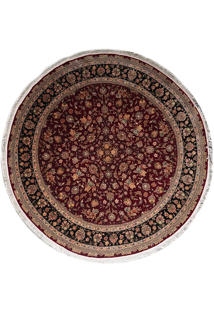 Handmade 8' Round Tabriz Wool Silk Area Rug Ruby Red Gold (1 of 10)