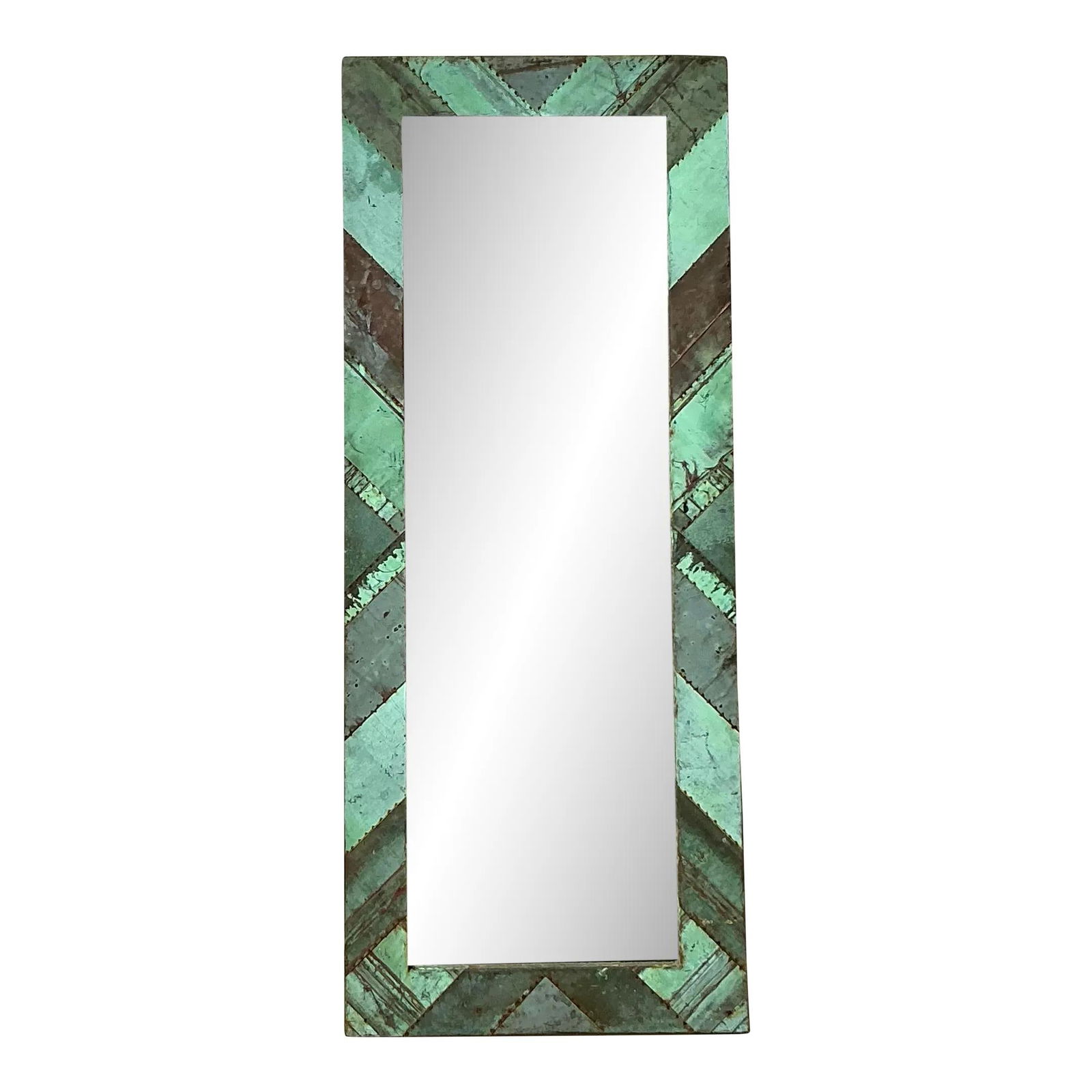 Vintage Boho Chevron Copper Floor Mirror 70.5" Verdigris Finish: Vintage Boho Chevron Copper Floor Mirror 70.5" Verdigris Finish Introducing the Vintage Boho Chevron Verdigris Copper Floor Mirror, a remarkable statement piece that beautifully merges artisanal craft