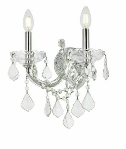 Maria Theresa Chrome Crystal Wall Sconce 2 Light 16 Inch Indoor Fixture: Maria Theresa Chrome Crystal Wall Sconce 2 Light 16 Inch Indoor Fixture Illuminate your space with this elegant Maria Theresa Wall Sconce, featuring a stunning chrome finish and clear royal cut crysta