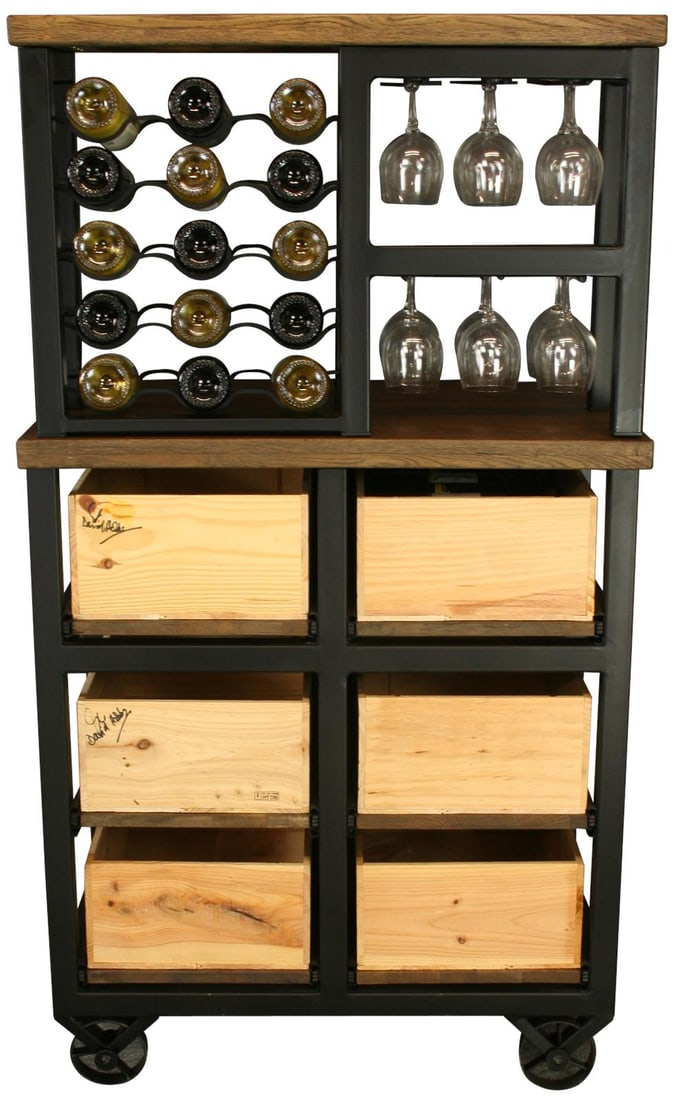 Hobbs Bar Cabinet on Wheels with Wine Rack and Solid Oak Top: Hobbs Bar Cabinet on Wheels with Wine Rack and Solid Oak Top Introducing the Hobbs Germany Bar Cabinet, a stylish and functional addition to any home. This bar cabinet features a wine rack on wheels,