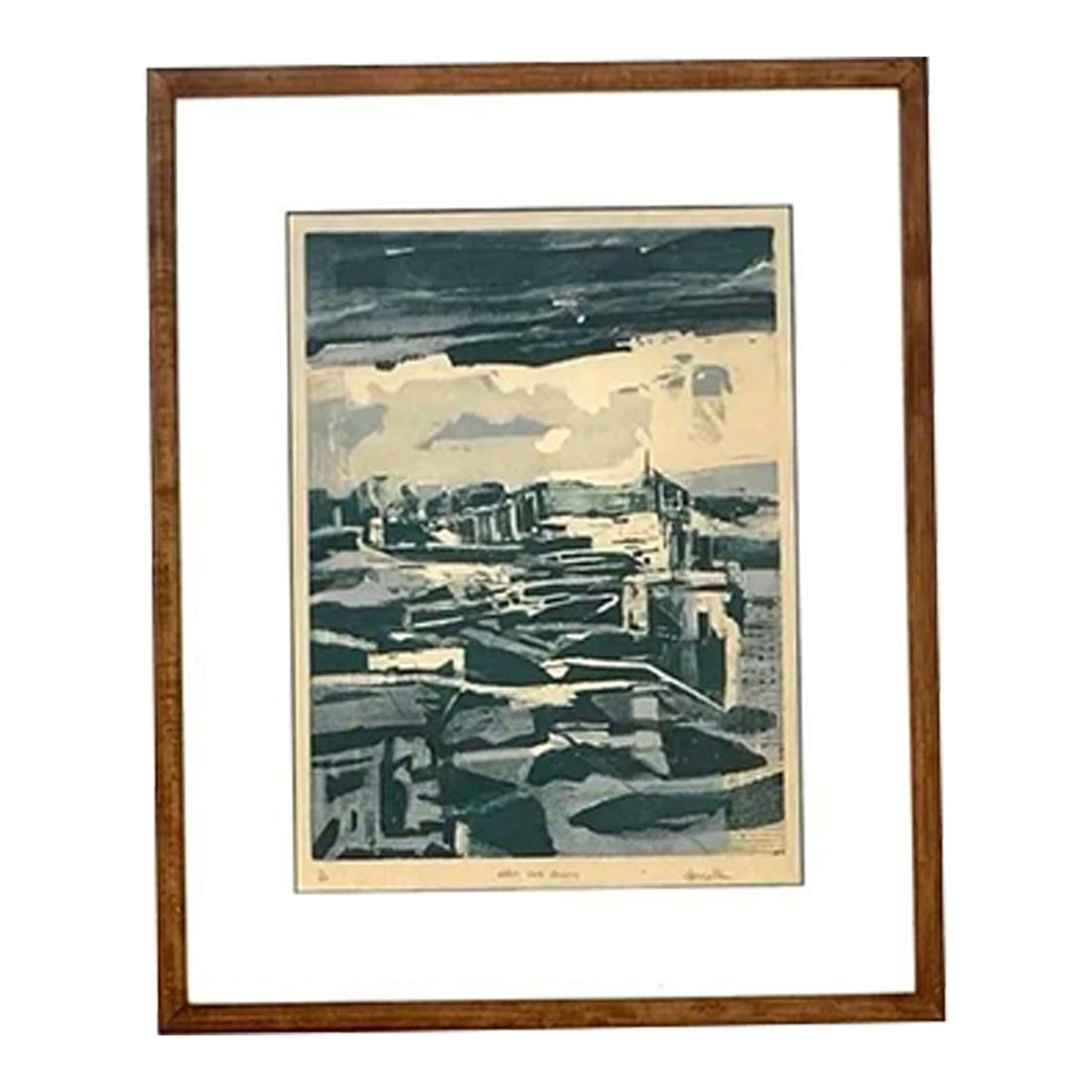 Framed Urban Abstract Lithograph Artwork Depicting Vintage City Scene: Framed Urban Abstract Lithograph Artwork Depicting Vintage City Scene This vintage abstract cityscape lithograph on paper features a framed presentation that showcases the dynamic energy of urban life