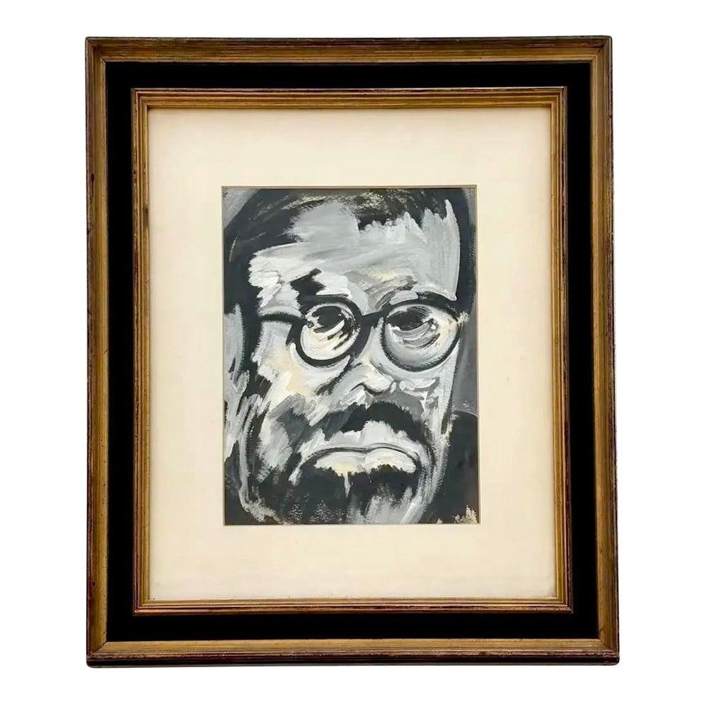 Expressive Oil Portrait in Black and Grey Abstract Style Framed: Expressive Oil Portrait in Black and Grey Abstract Style Framed This original oil painting features an abstract monochromatic portrait of a brooding male figure. Executed in expressive, gestural strok