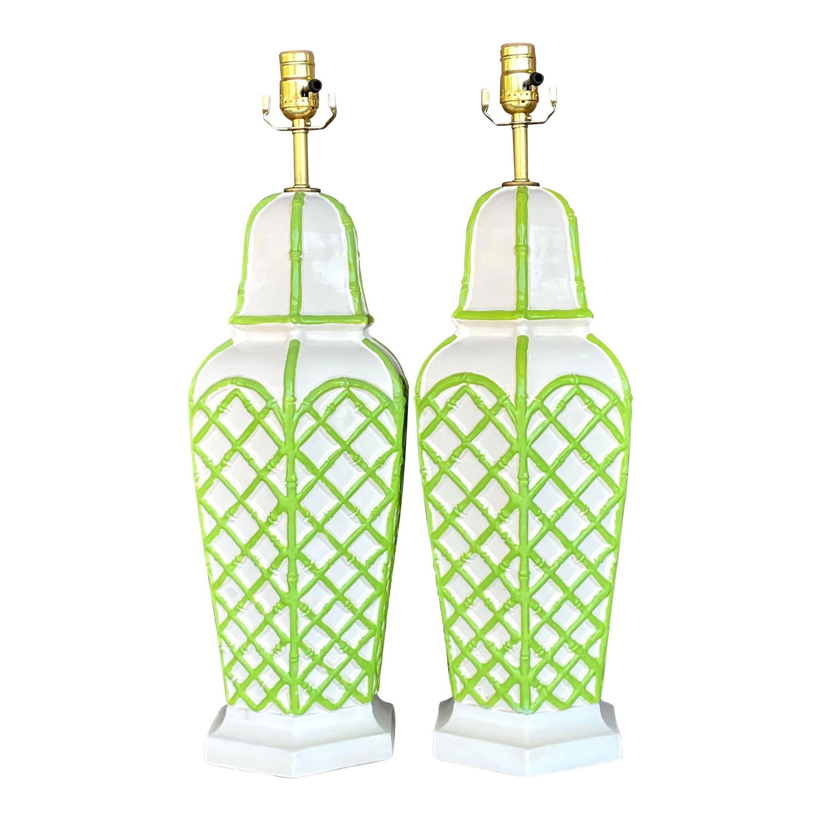 Pair of Vintage Bamboo Trellis Glazed Ceramic Lamps (1 of 6)