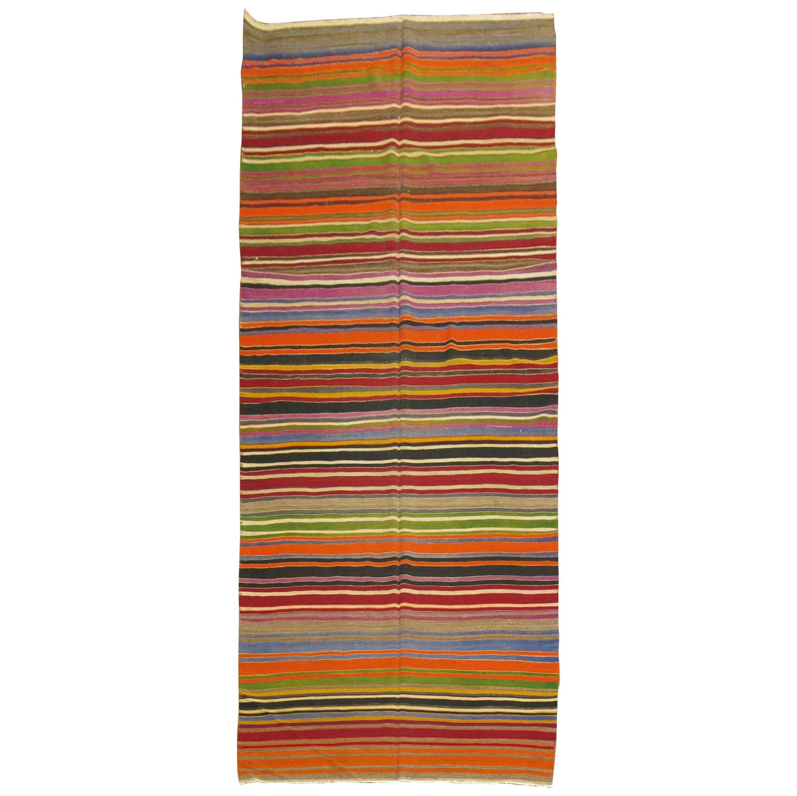Mid-20th Century Turkish Kilim Wool Hand-Knotted 63 x 161 Striped Rug: Mid-20th Century Turkish Kilim Wool Hand-Knotted 63 x 161 Striped Rug This stunning mid-20th century hand-knotted Turkish Kilim features a vibrant striped design that adds a touch of color and charact