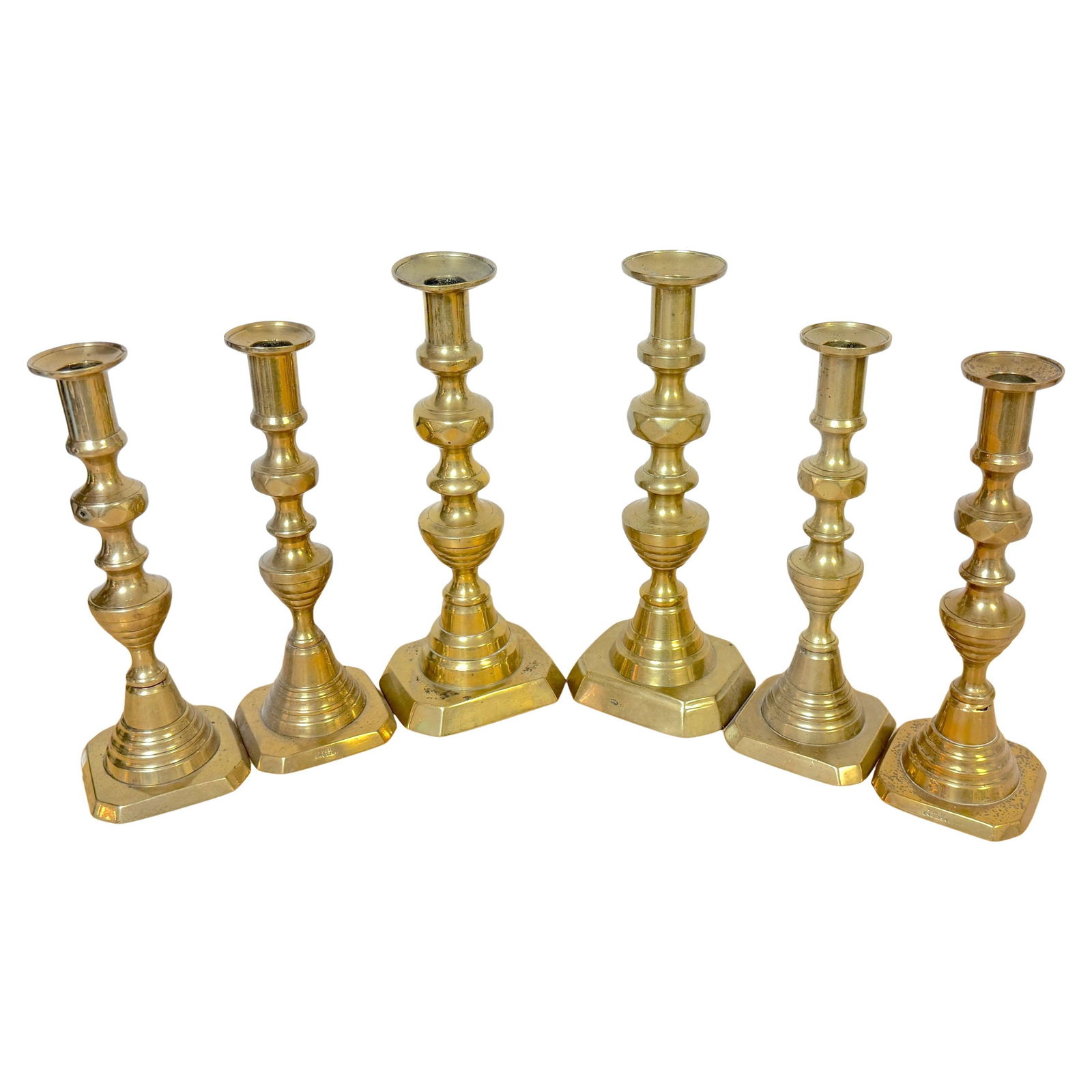 Antique English Brass Beehive Candlesticks Set of 6 High Victorian 1890s (1 of 9)